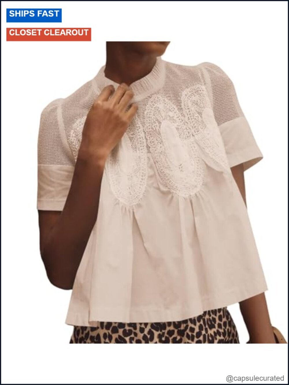Swing Lace Blouse Mock Neck Puff Short Sleeve Mesh See Through A-Line Pleated